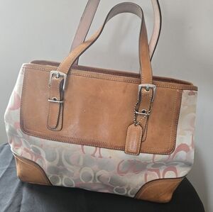 Coach Signature Jacquard Pink Tote Bag Brown Leather Trim Style 7029